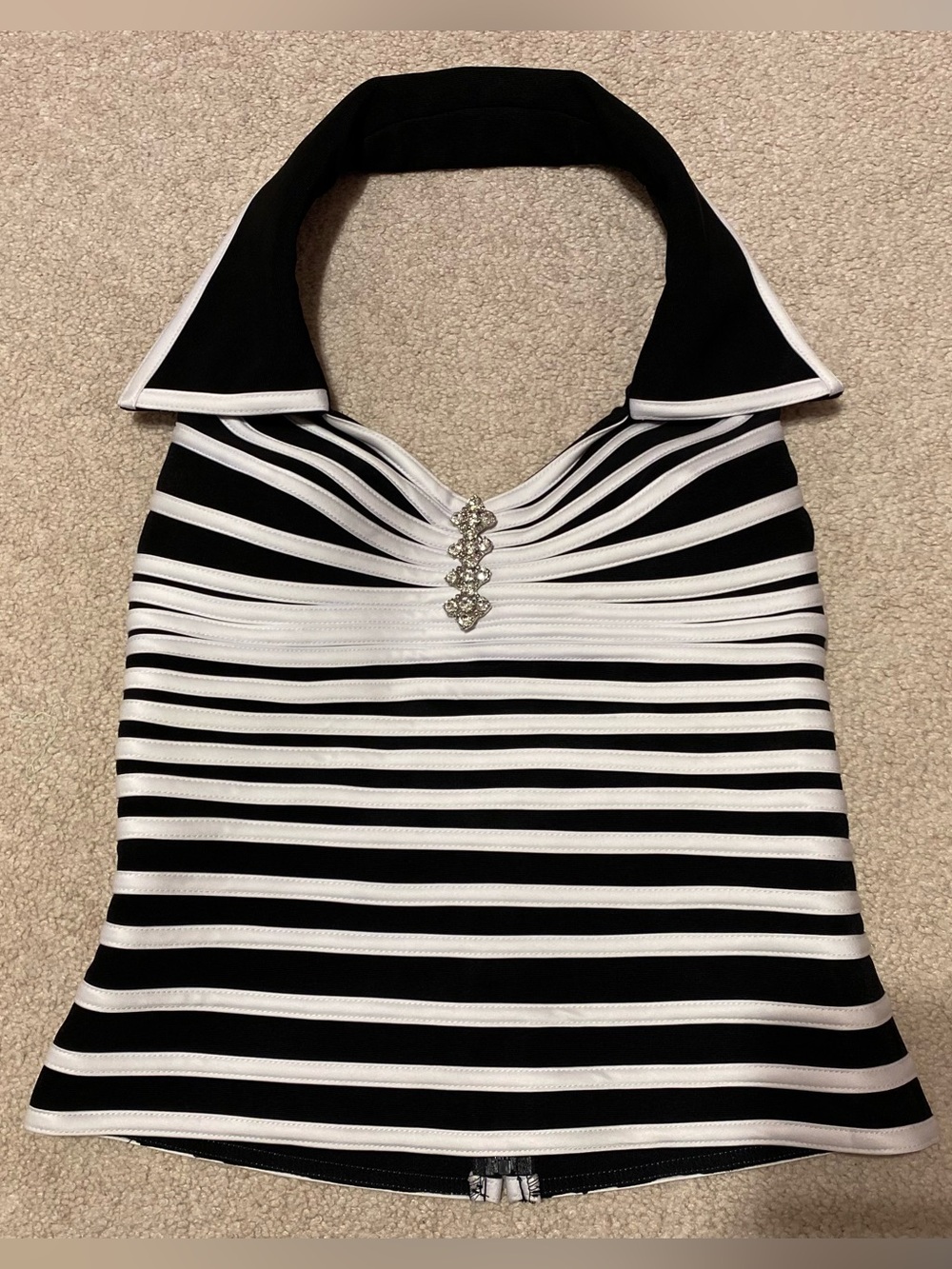 Caché black white striped rhinestone collared stretch halter top, size 2